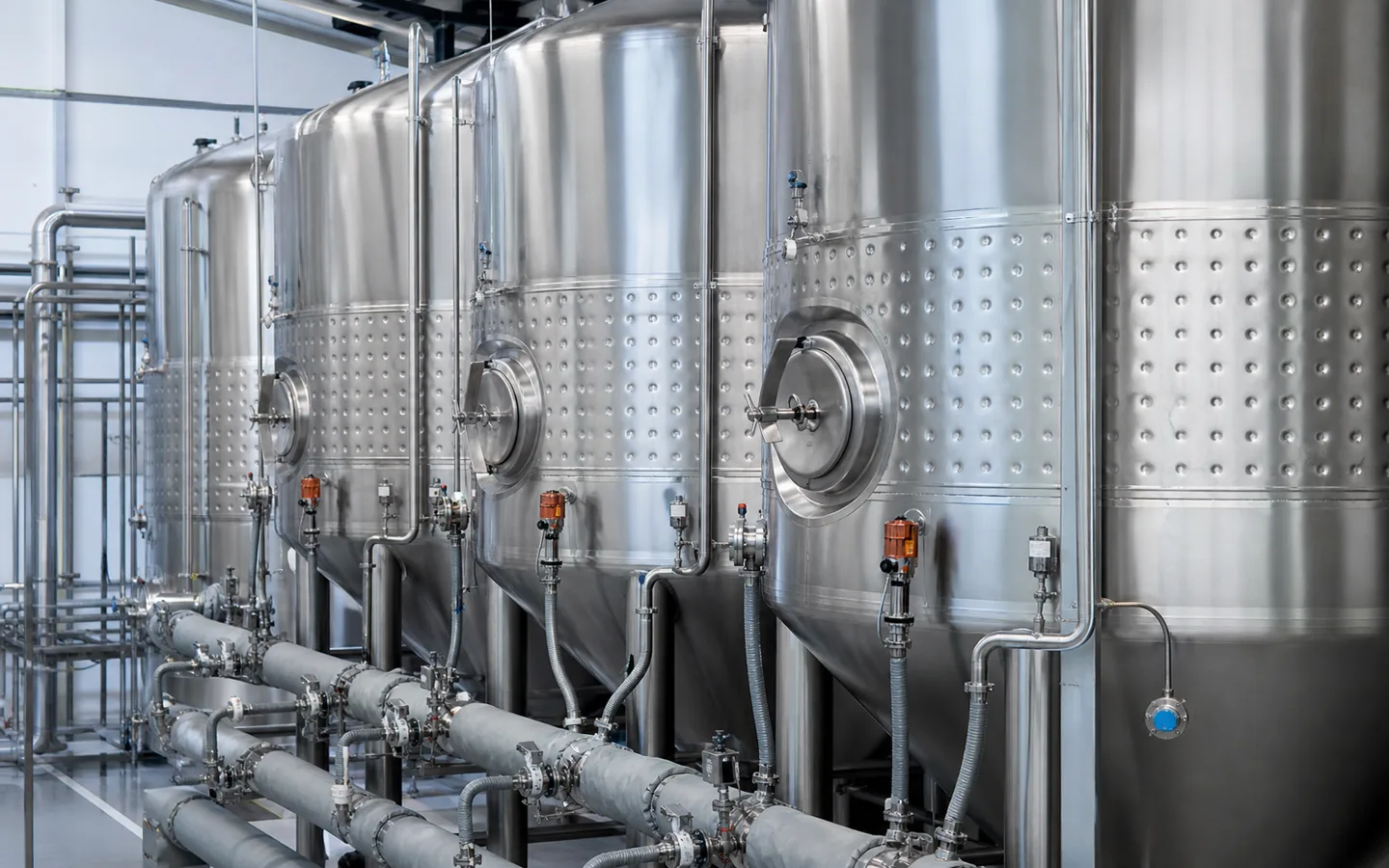 Gärtanks einer Brauerei mit Kühlmänteln, Ventilen und Rohrverteilung