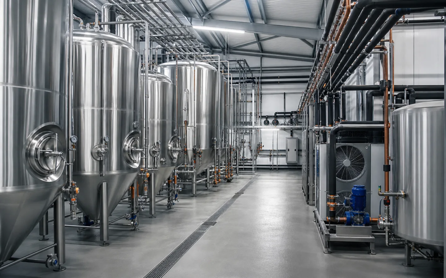 Brauerei mit Gärtanks, isolierten Glykolleitungen und industrieller Kälteanlage