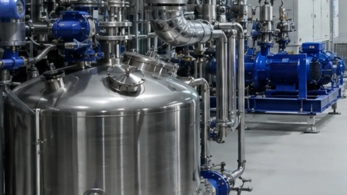 Sauberer industrieller Technikraum mit Reaktorbehältern, isolierten Rohrleitungen und Prozesskühlung