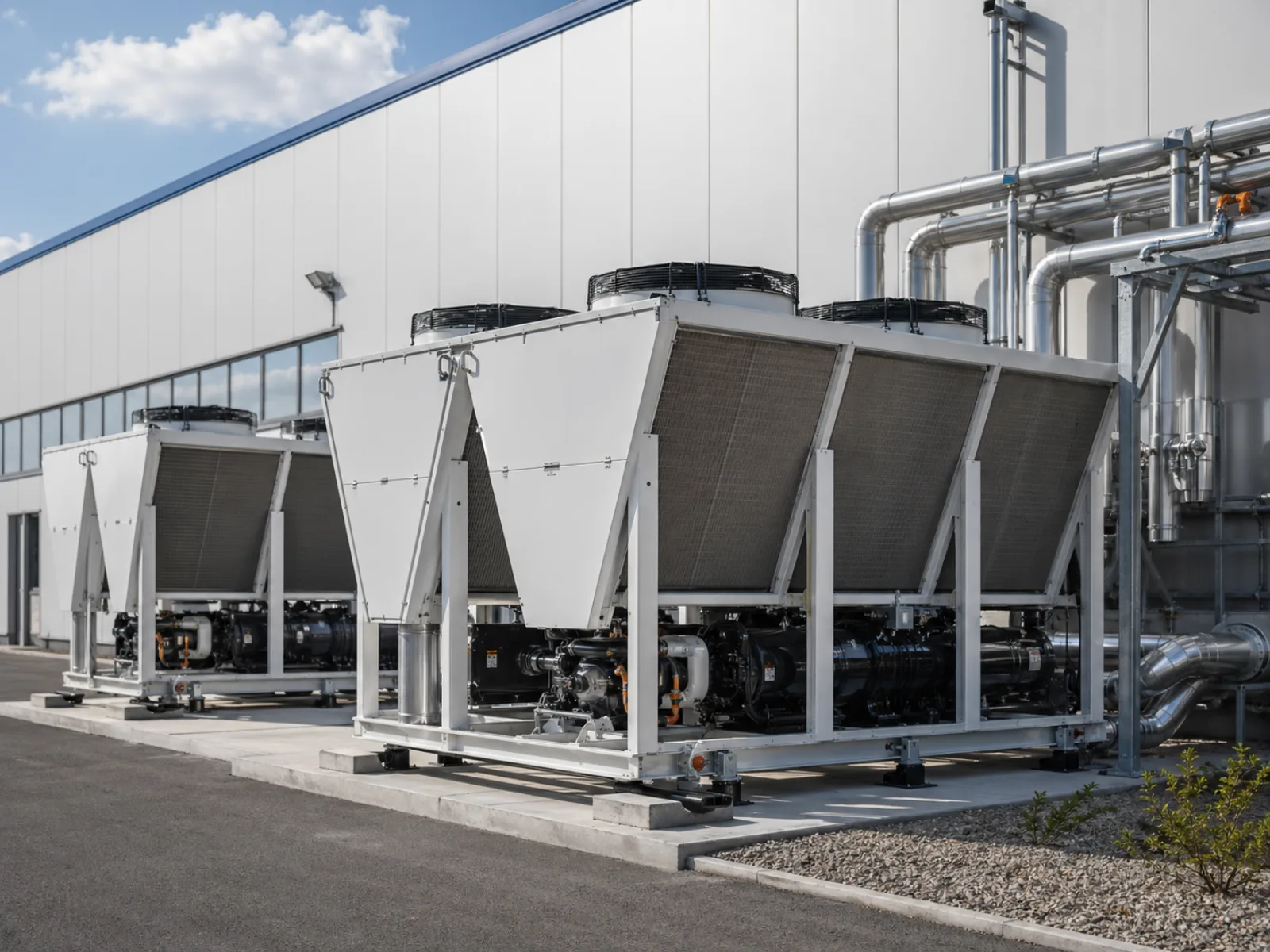 Industriekälteanlage mit luftgekühltem Chiller vor einer Produktionshalle