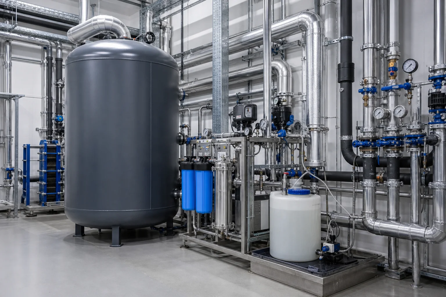 Pufferspeicher, Rohrleitungsnetz und Wasseraufbereitung in einer industriellen Prozesskälteanlage mit gut zugänglichen Mess- und Wartungspunkten
