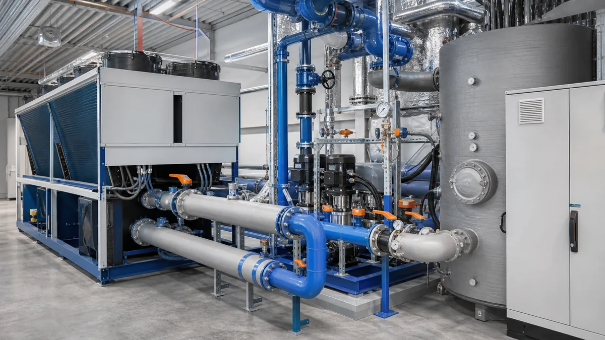 Industriekälte-Anlage mit Chiller, Pufferspeicher, Pumpengruppe und Rohrleitungen im Technikraum