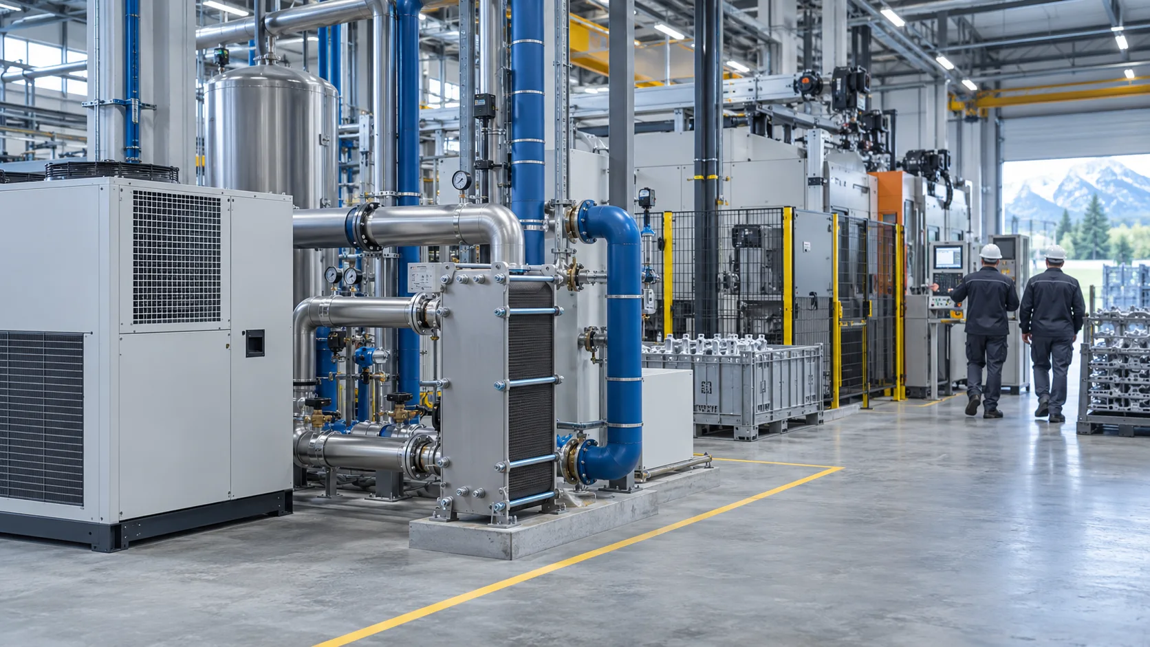 Industriekälteanlage mit Plattenwärmetauscher und isolierten Leitungen neben einer Druckgusszelle