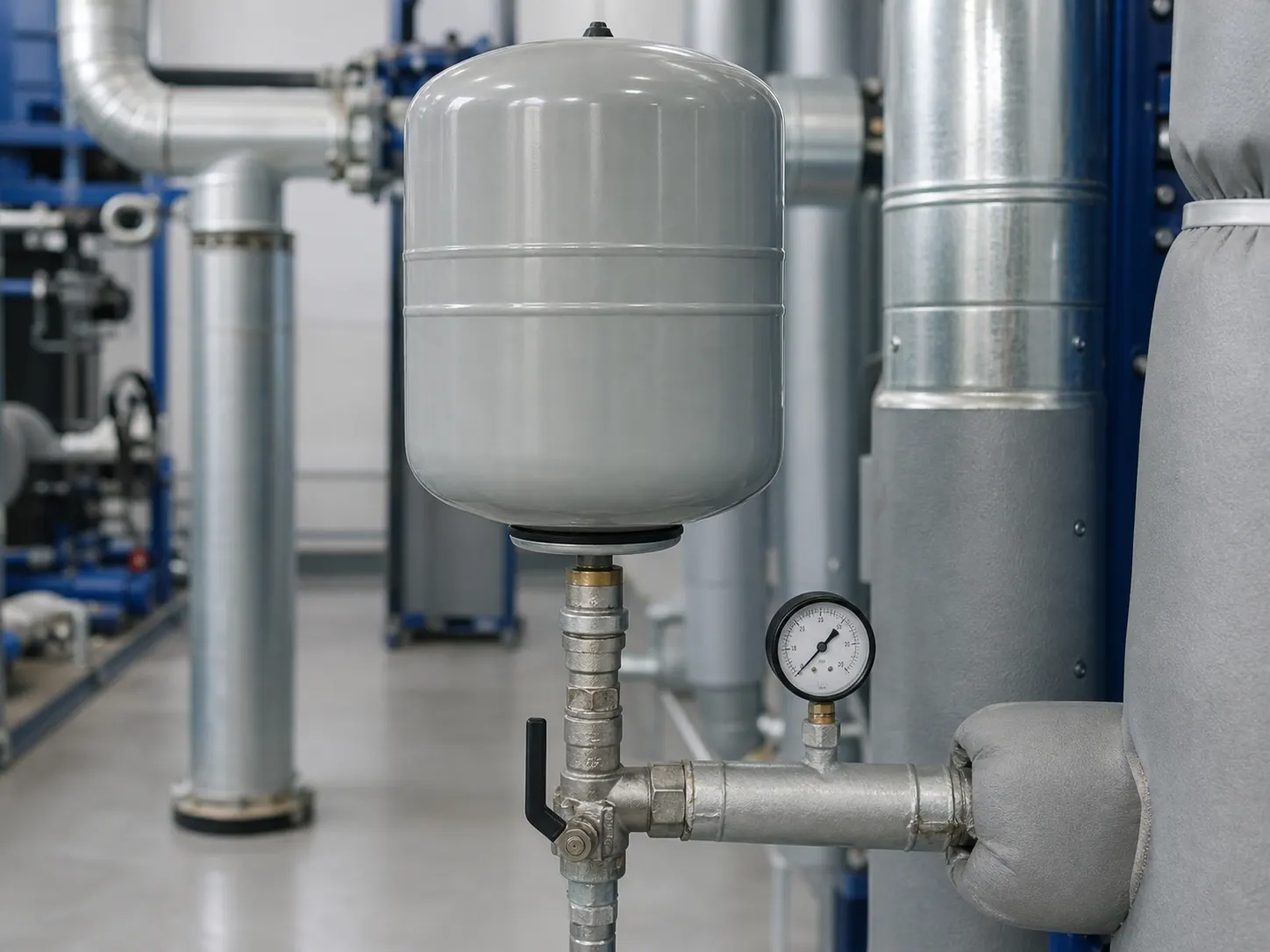 Membran-Ausdehnungsgefäß mit Manometer an einem industriellen Kaltwassersystem
