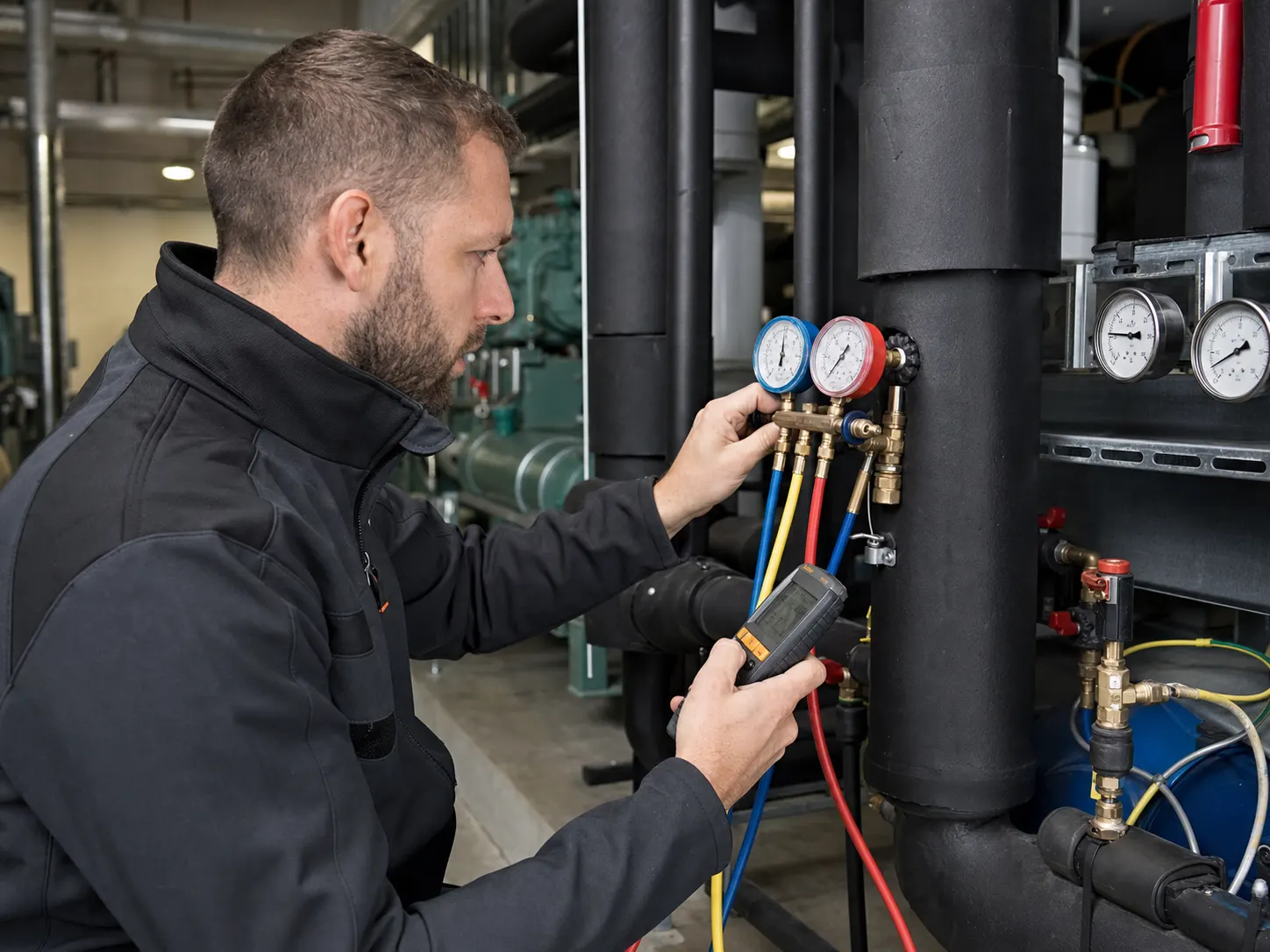 Kältetechniker misst Druckwerte an einem industriellen Kaltwasserverteiler