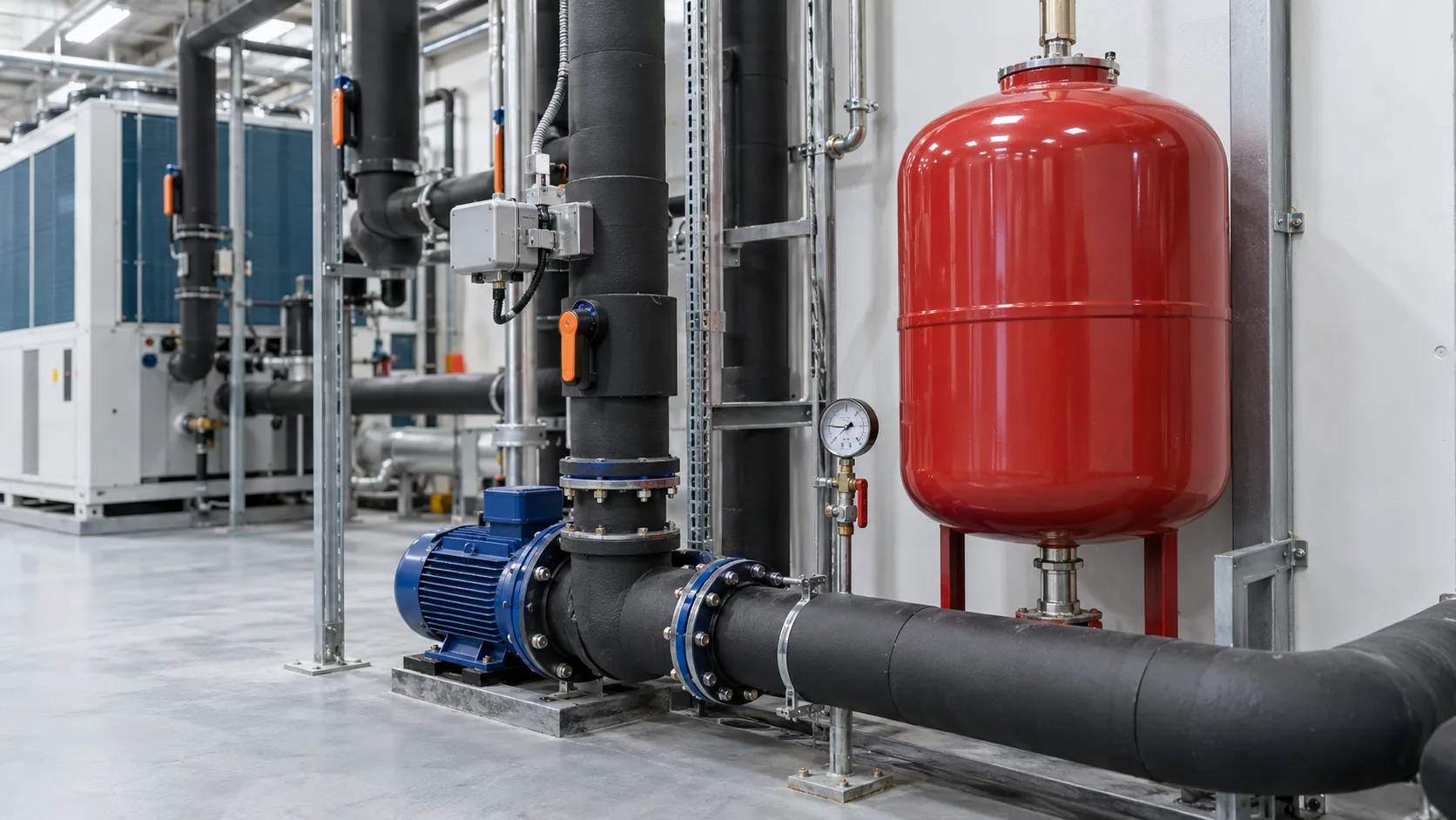 Membran-Ausdehnungsgefäß, Pumpe und Druckanzeige an einem industriellen Kaltwassersystem