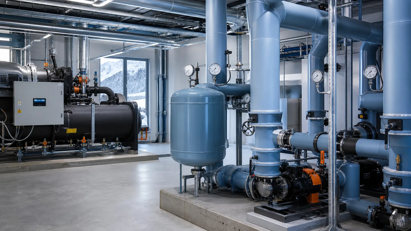 Industrieller Kaltwassersatz mit Pumpen, Druckanzeigen und Ausdehnungsgefäß in einem österreichischen Technikraum