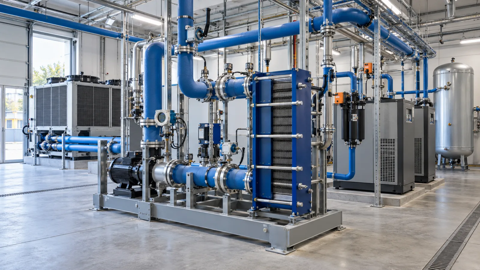 Industrielle Prozesskühlung mit gedämmten Leitungen, Plattenwärmetauscher und Pumpengruppe