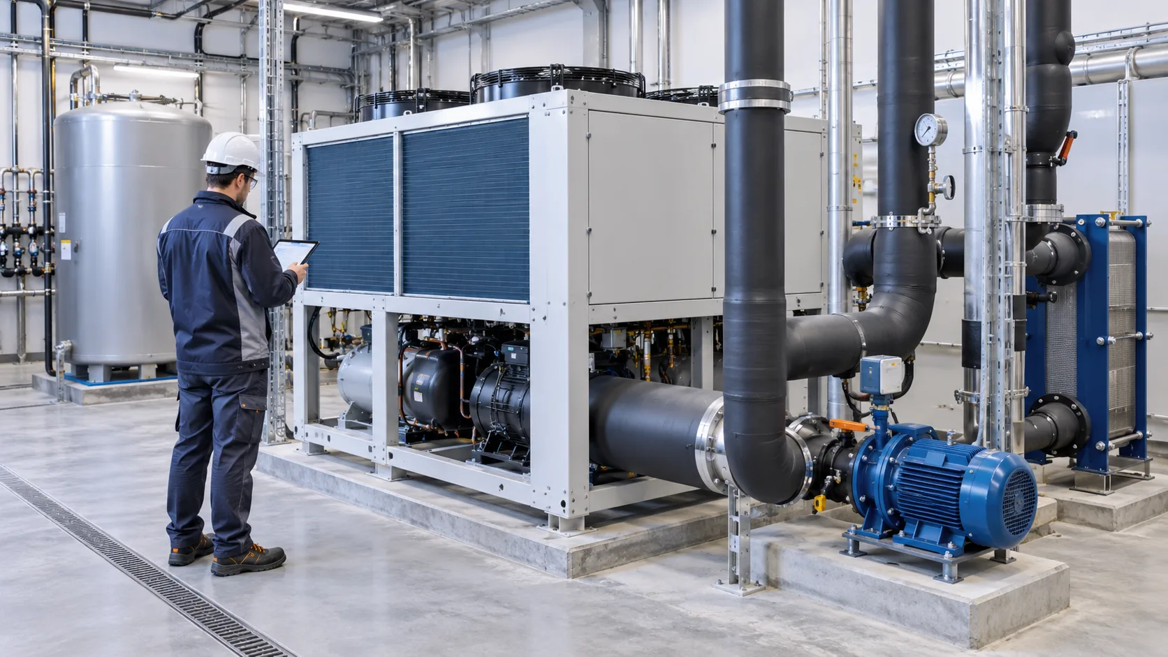 Industriekälteanlage mit Chiller, isolierten Leitungen und Messung im Technikraum