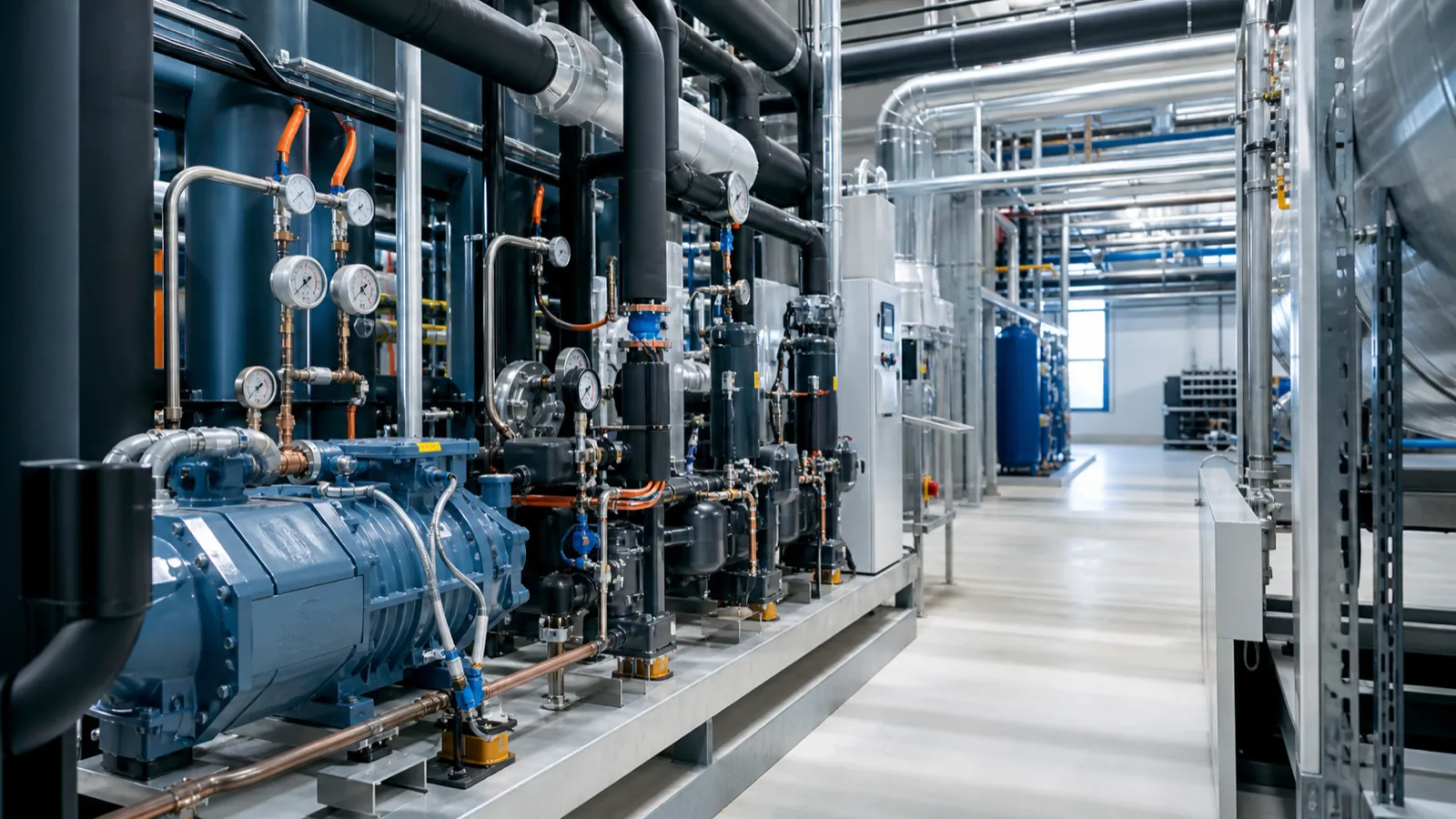 Industriekälte-Technikraum mit Verdichtern, Rohrleitungen und Messanzeigen in einem österreichischen Betrieb