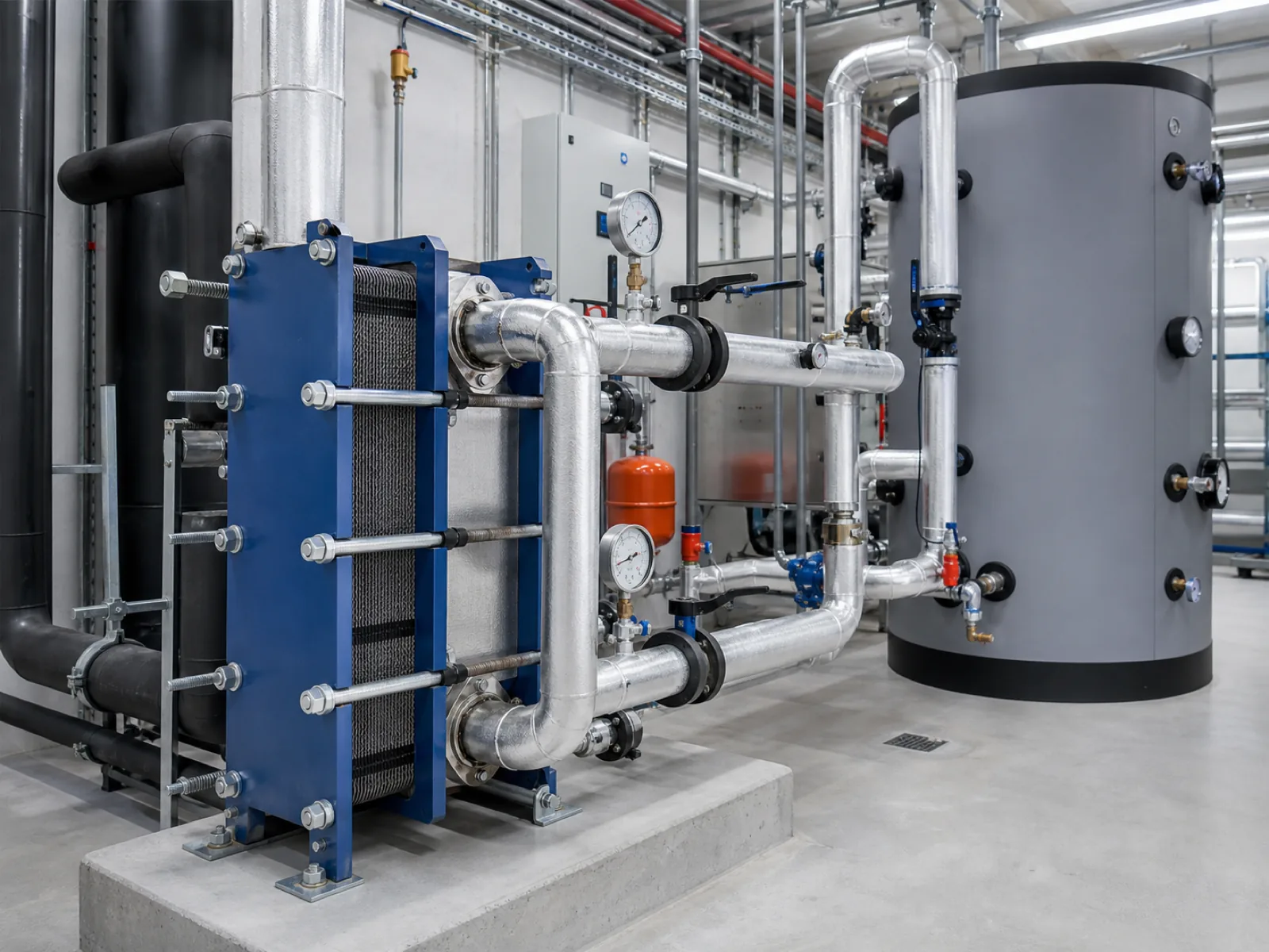 Plattenwärmetauscher und Pufferspeicher für Wärmerückgewinnung an einer Industriekälteanlage