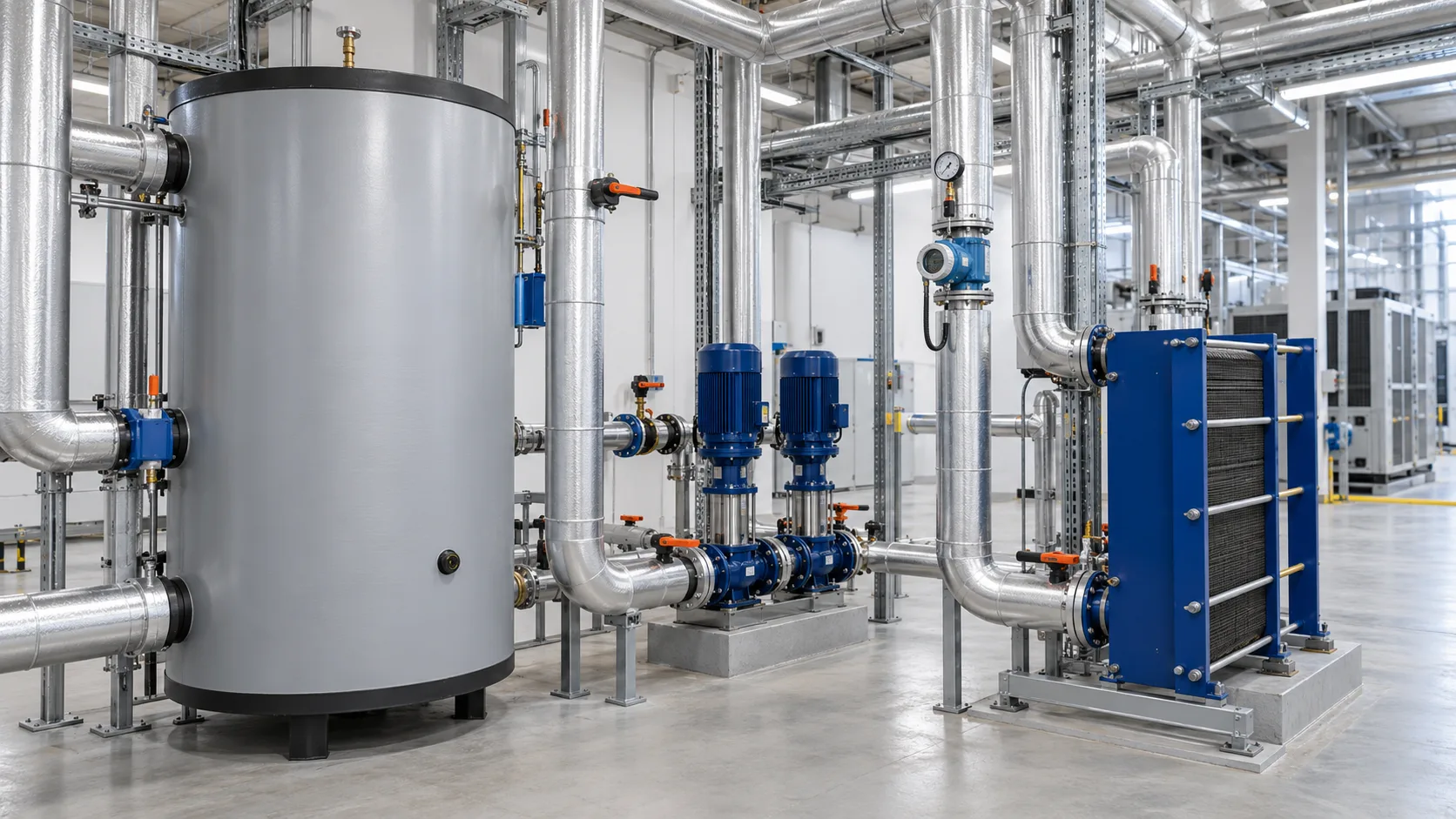 Kaltwasseranlage mit Pufferspeicher, Pumpen und Plattenwärmetauscher im Technikraum