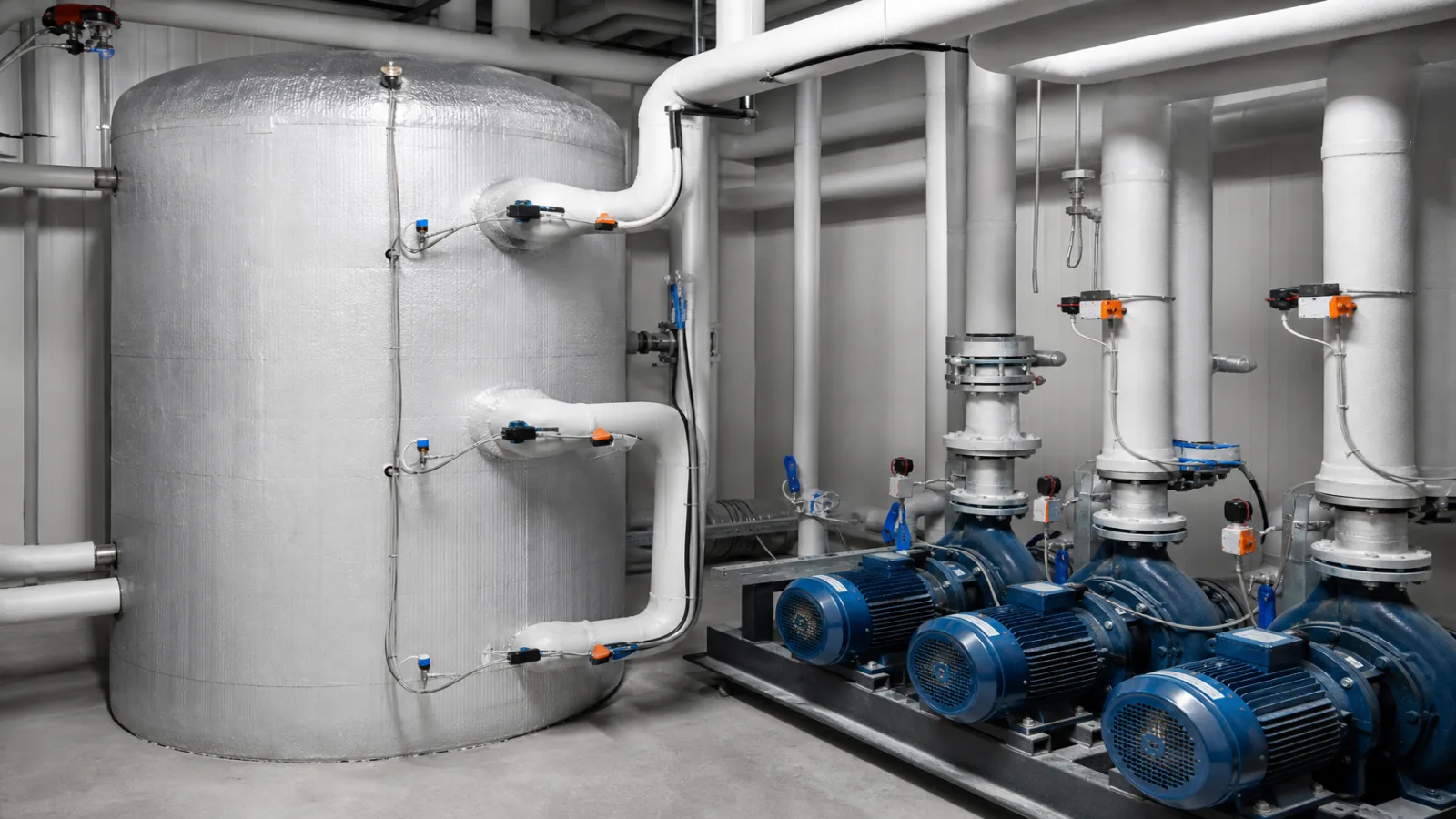 Gedämmter Kaltwasser-Pufferspeicher mit Pumpen und Armaturen einer Industriekälteanlage