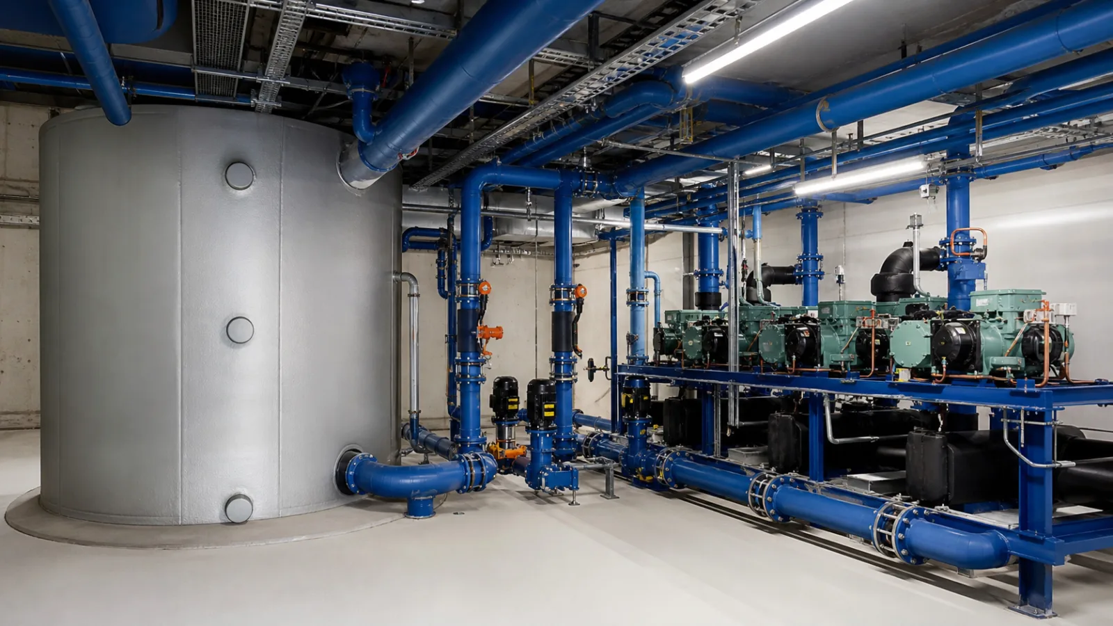 Industriekälteanlage mit großem gedämmtem Kältespeicher in einem europäischen Technikraum