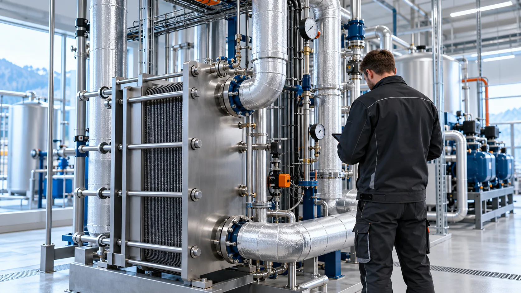 Techniker prüft einen Plattenwärmeübertrager und Rohrleitungen in einem industriellen Kaltwasserkreislauf