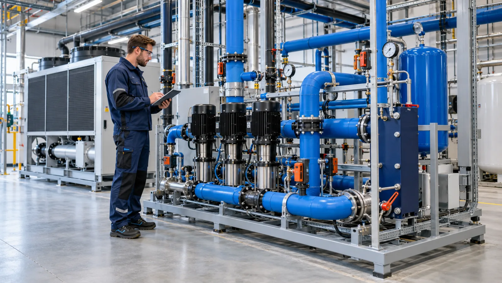 Techniker prüft eine Prozesskühlung mit Pumpen, Messgeräten und gedämmten Wasserleitungen