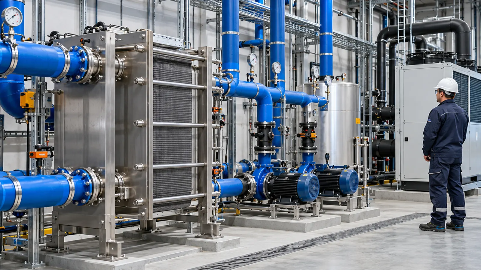 Prozesskühlanlage mit Wärmetauscher, Pumpen und isolierten Leitungen in einer Recyclingproduktion