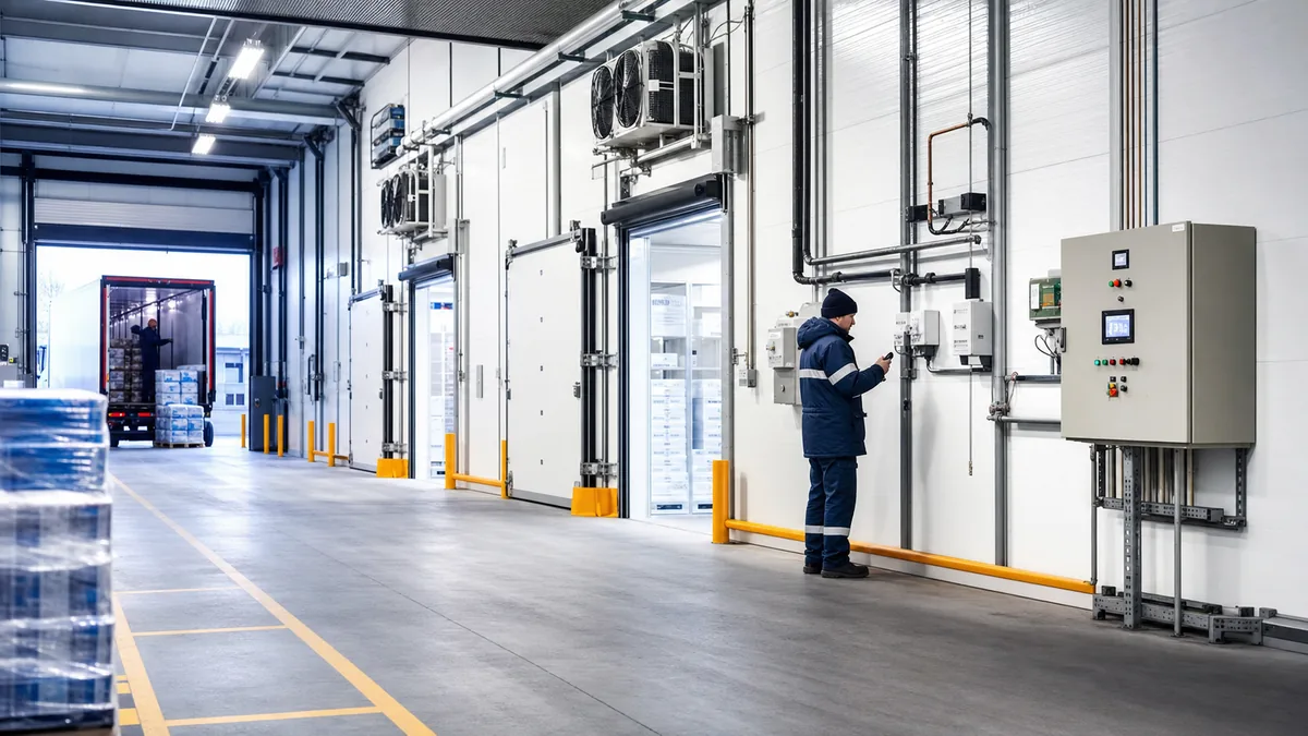 Industriekälte in einem Logistiklager mit Kühlraumtüren, Rohrleitungen und Techniker