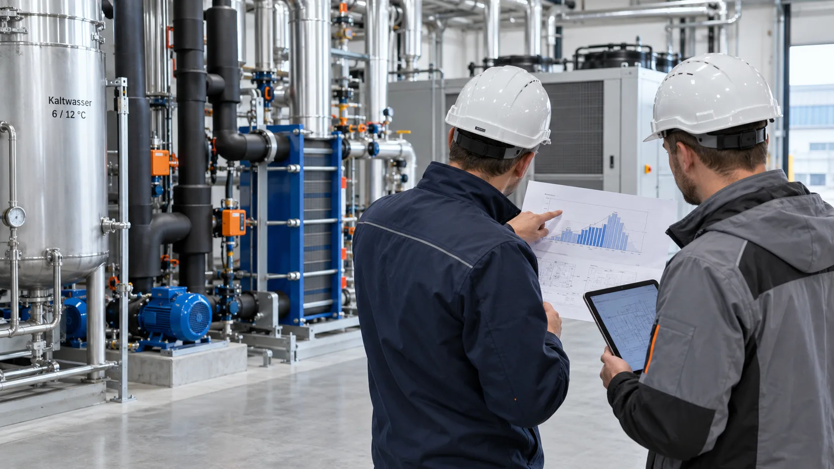 Zwei Fachkräfte planen eine Industriekälteanlage vor einer Kaltwasserzentrale