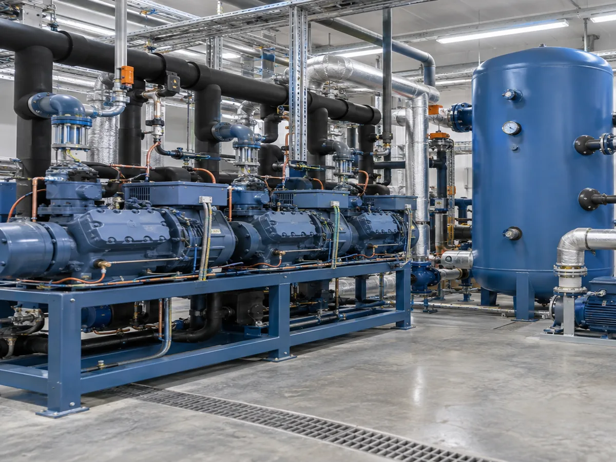 Pufferspeicher und Pumpengruppe einer industriellen Kälteanlage für Lastverschiebung