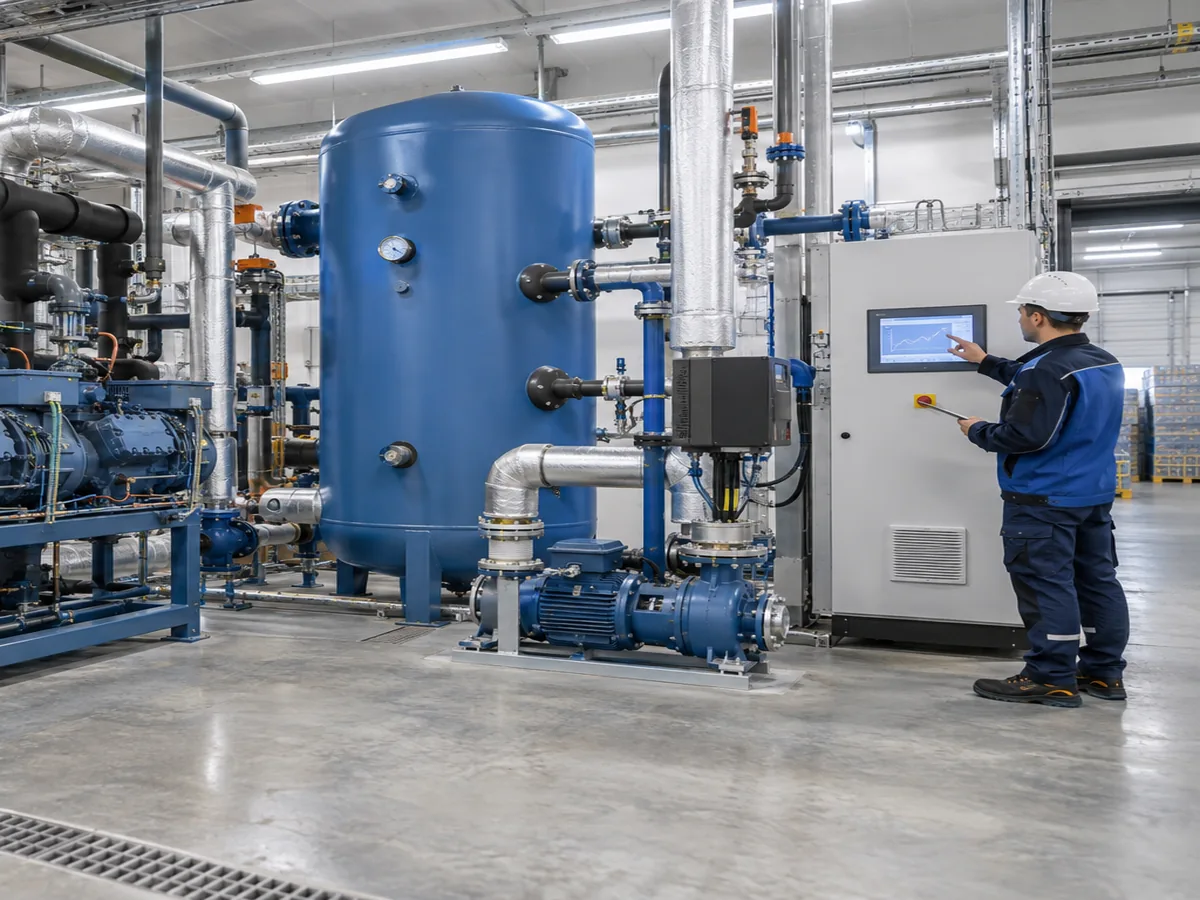 Techniker bewertet Lastkurven an der Steuerung einer industriellen Kälteanlage