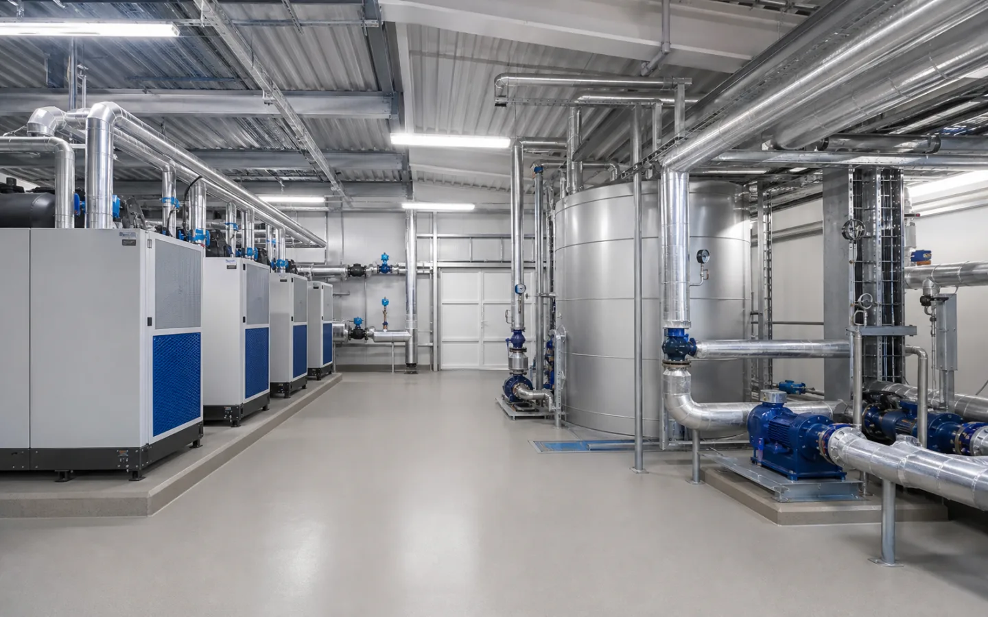 Technikzentrale mit modularen Kältemaschinen, Pumpen, Pufferspeicher und gedämmten Leitungen