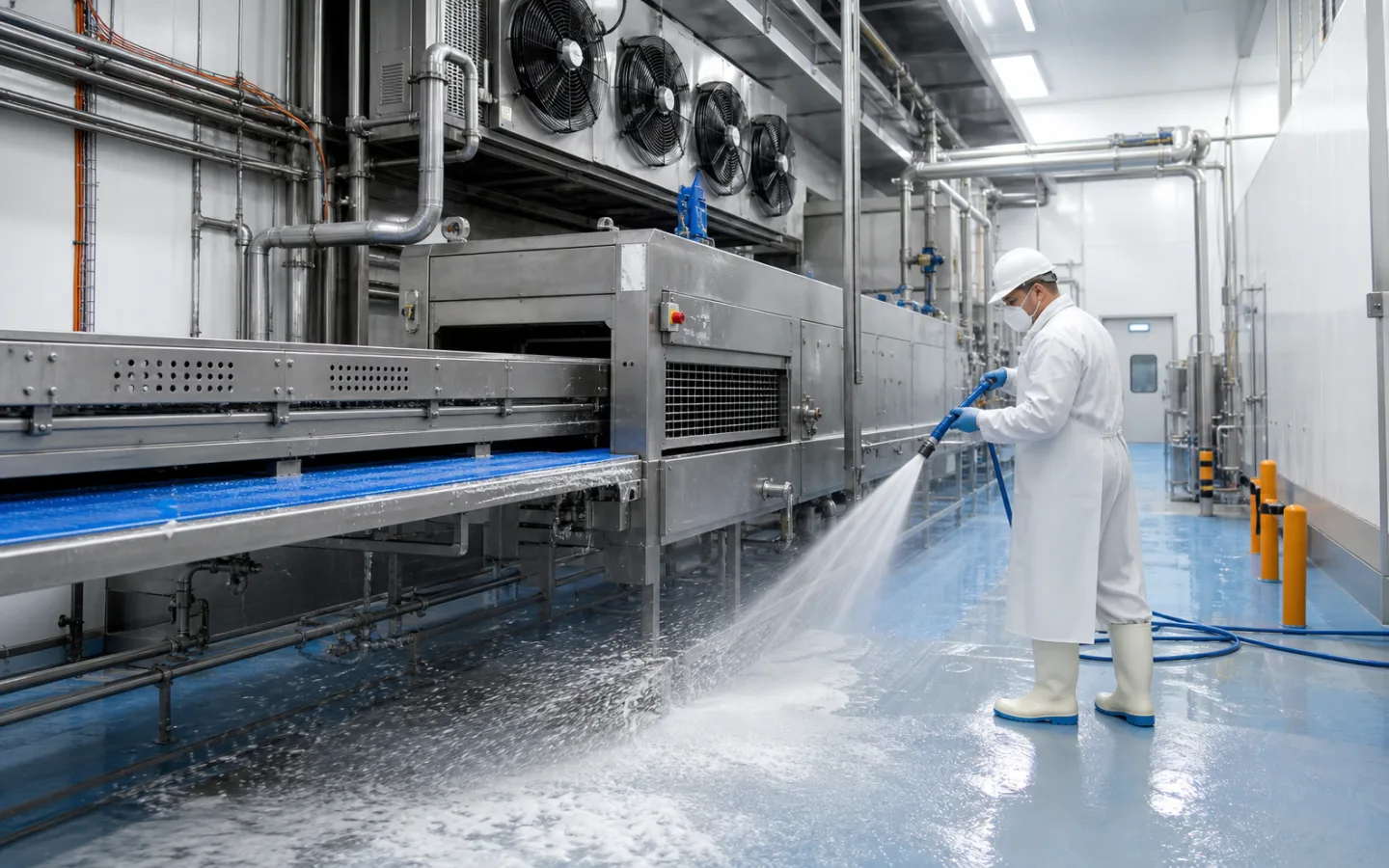 Hygienische Reinigung einer Lebensmittel-Produktionslinie mit sichtbarer Kältetechnik