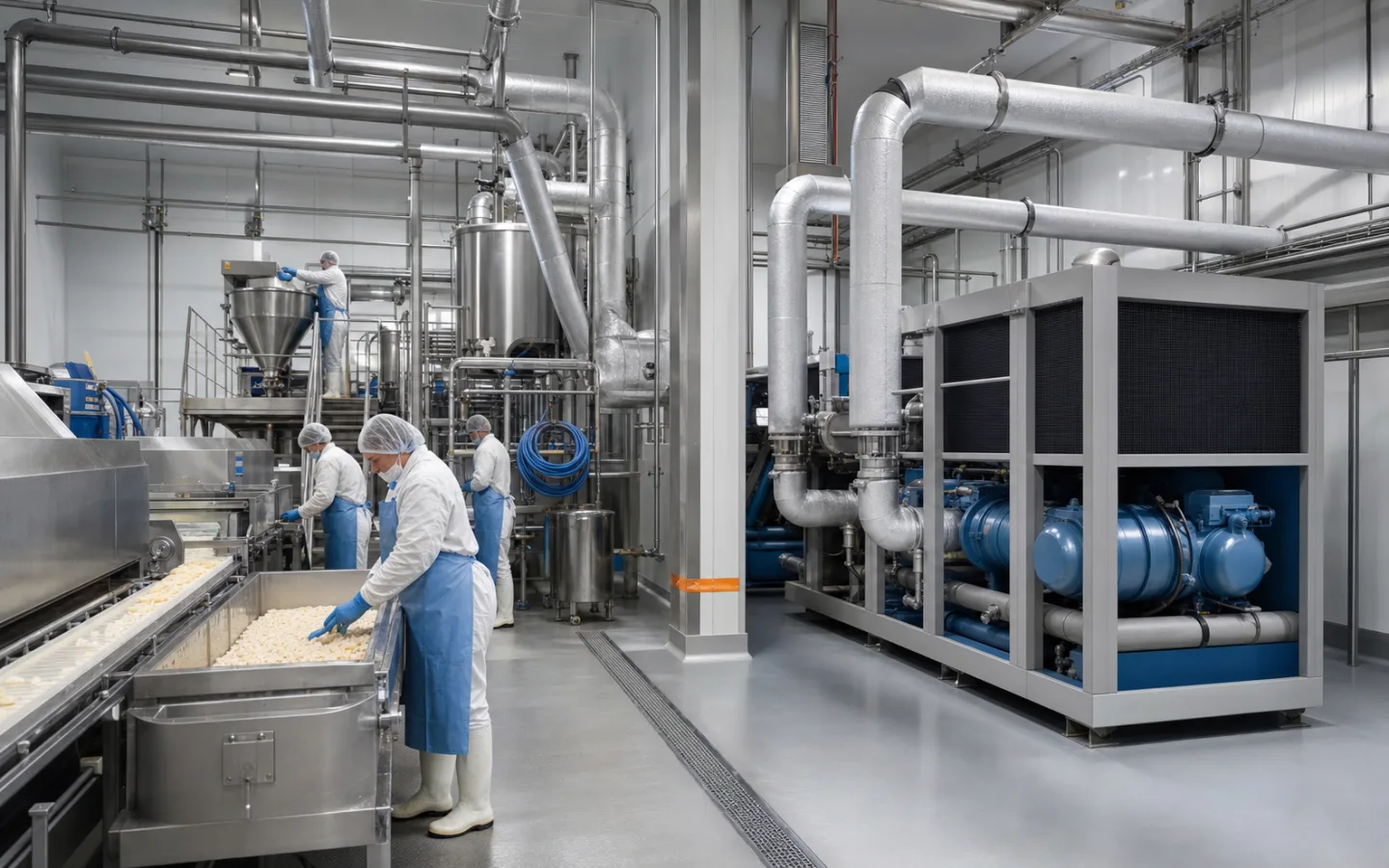 Lebensmittelproduktion mit Edelstahl-Prozesslinie und industrieller Kälteanlage