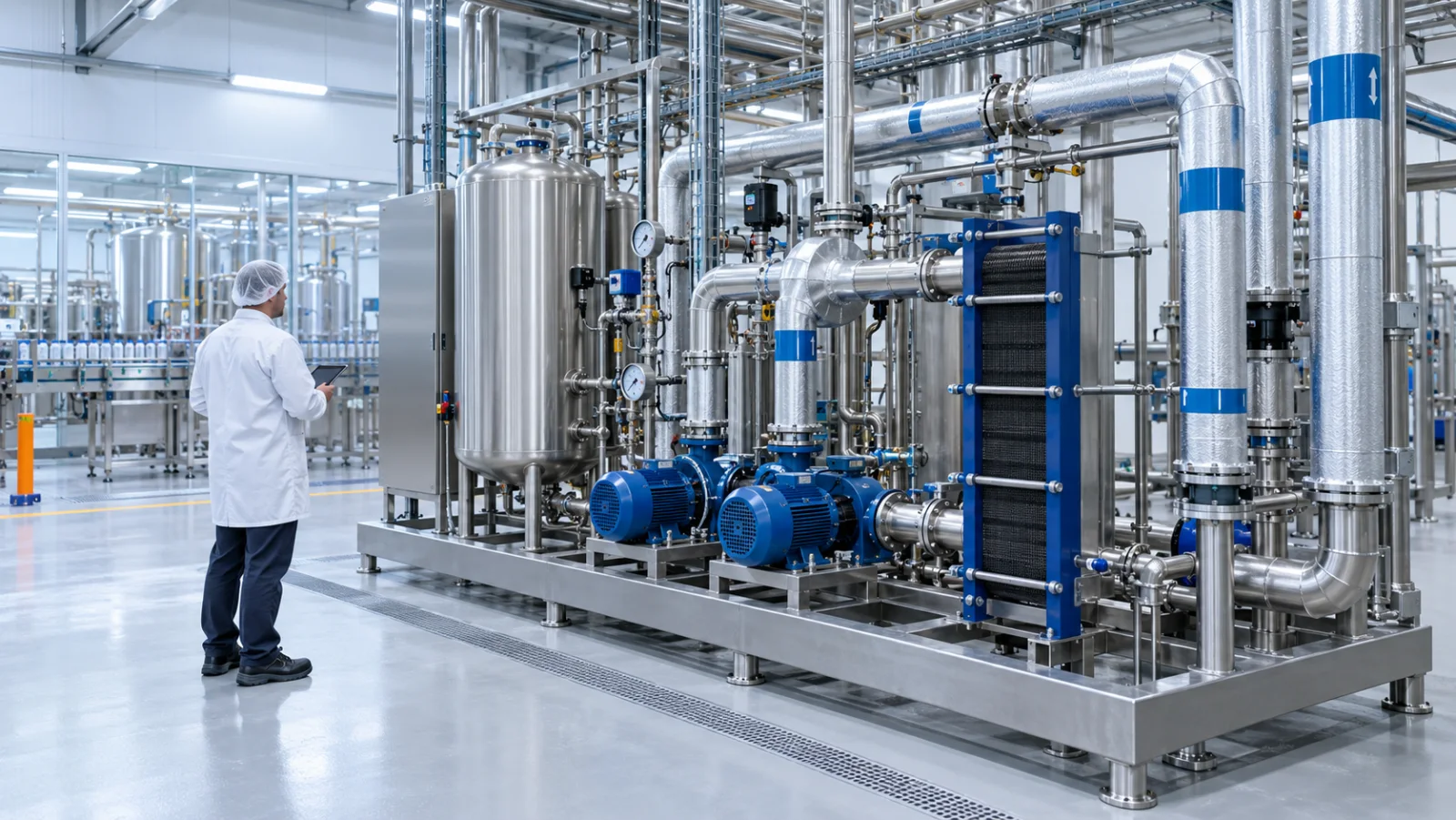 Hygienische Prozesskälteanlage mit Wärmetauscher und Pumpen in einer Lebensmittelproduktion