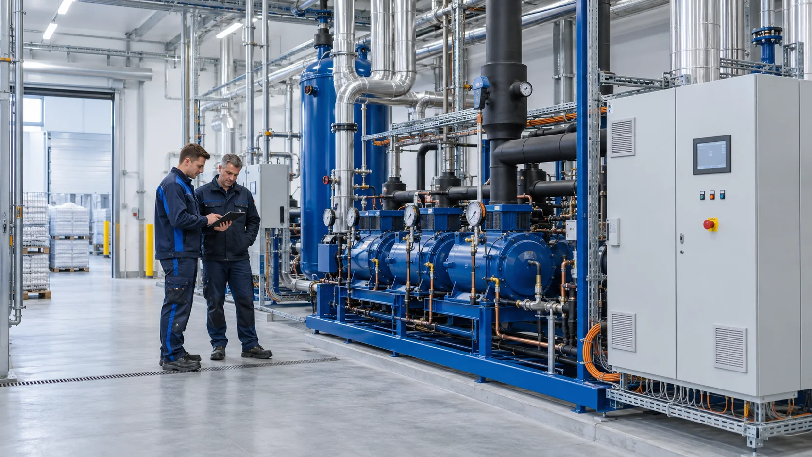 Techniker prüfen Messwerte an einer Industriekälteanlage im Technikraum