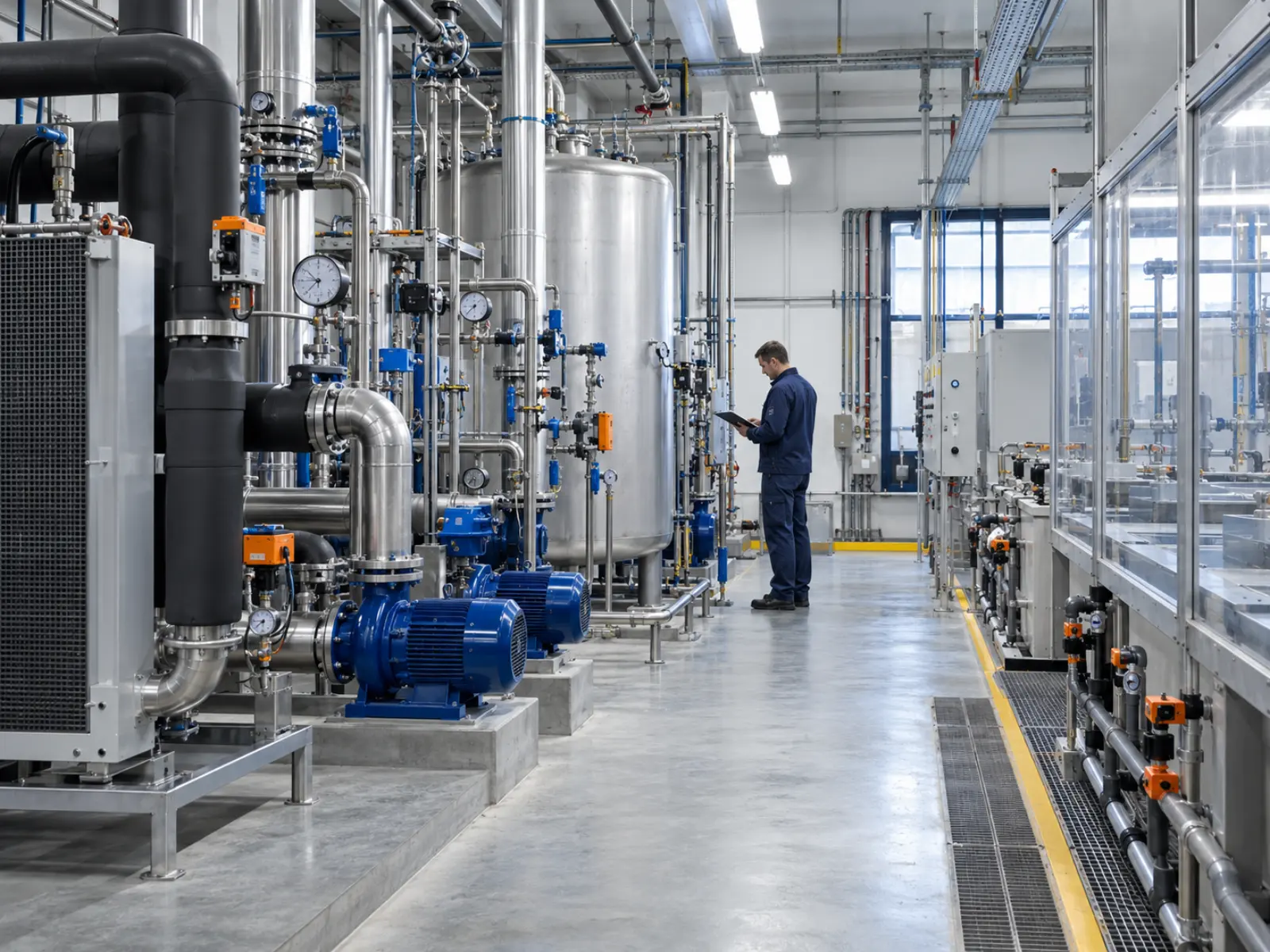 Techniker kontrolliert Messwerte an einer Prozesskühlung mit gedämmten Wasserleitungen in einer Industrieanlage
