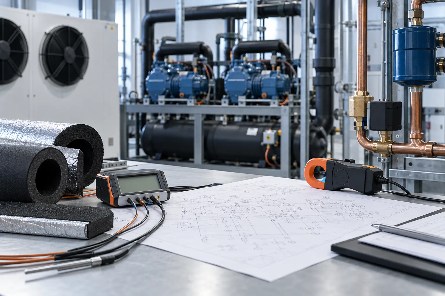 Planungsunterlagen und Messgerät vor einer Industriekälteanlage
