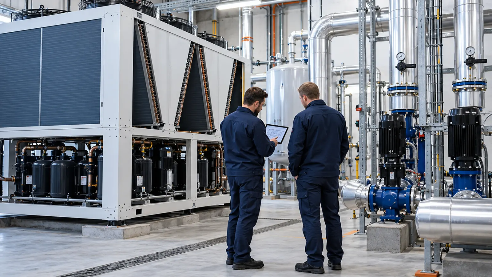 Industriekälteanlage mit Kaltwassersatz, Pufferspeicher und Pumpen in einem Technikraum