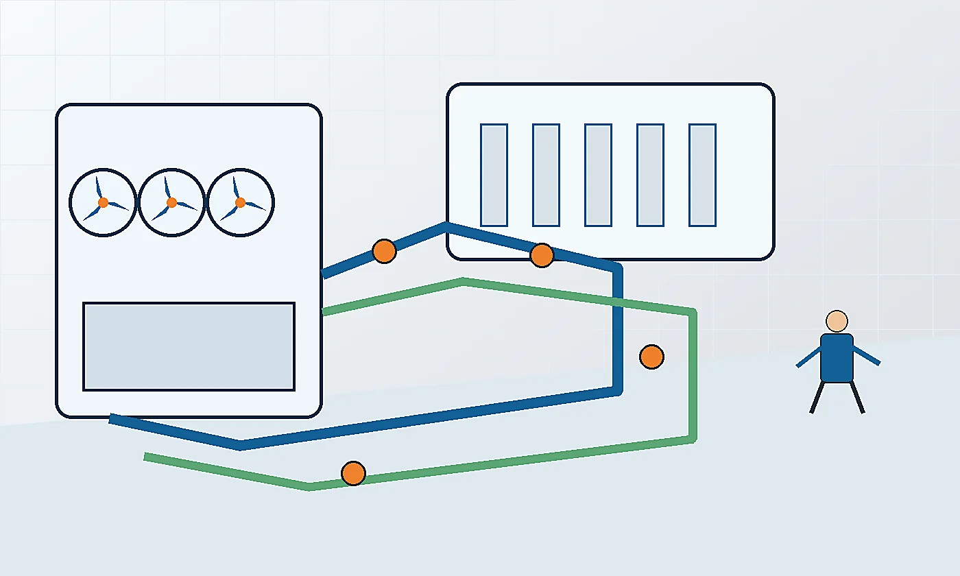 Technische Illustration einer Produktionshalle mit getrennter Prozesskälte und Hallenklimatisierung