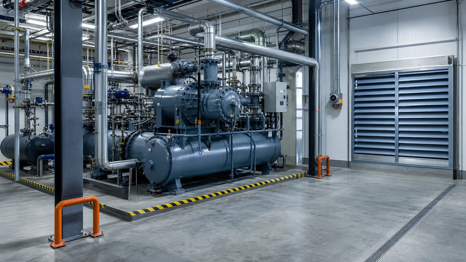 Industriekälte-Maschinenraum mit Ammoniak-Anlage, Gasdetektion und sicherer Rohrführung