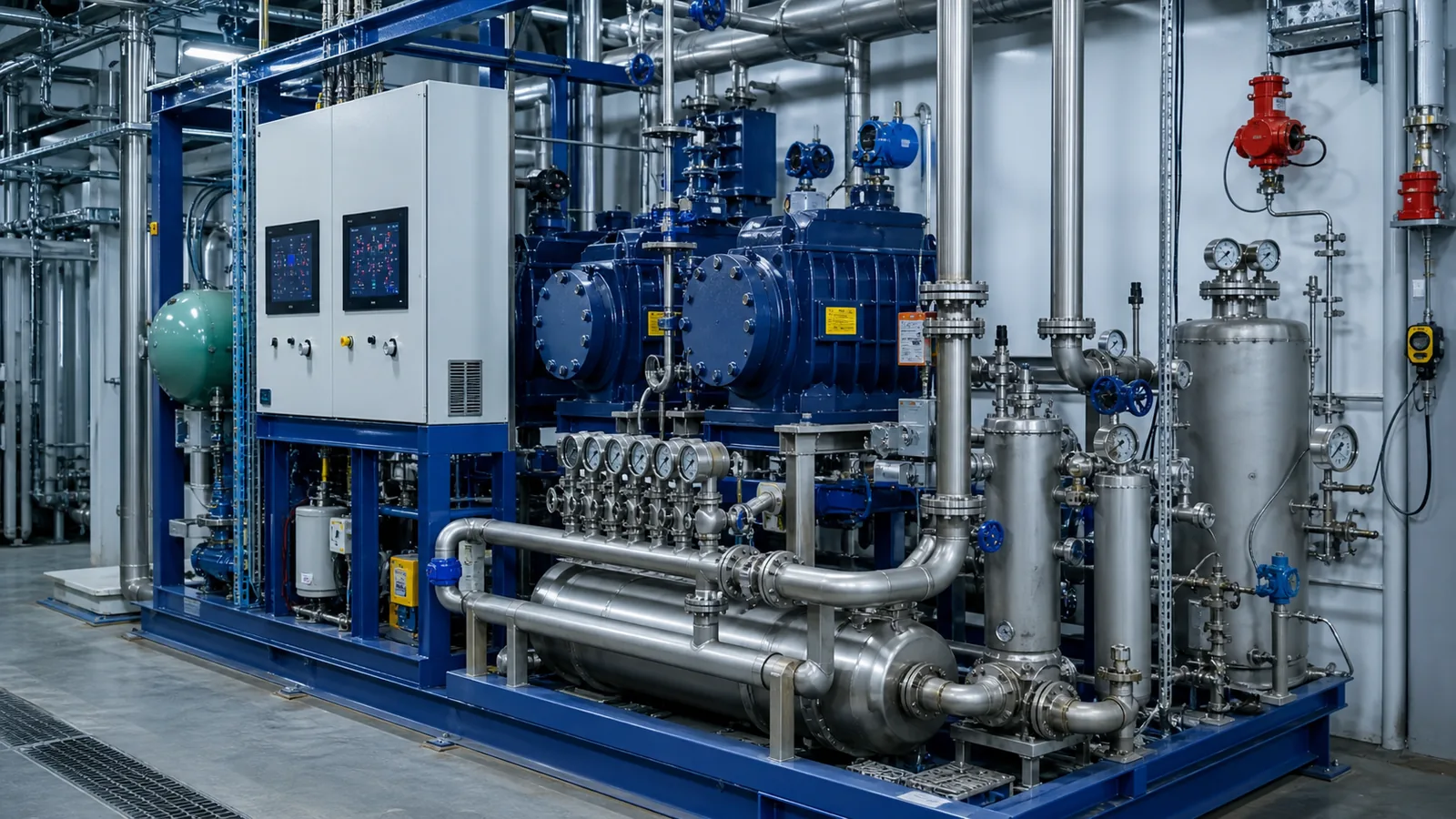 CO2-R744-Industriekälteanlage mit Hochdruckkomponenten und digitalem Monitoring
