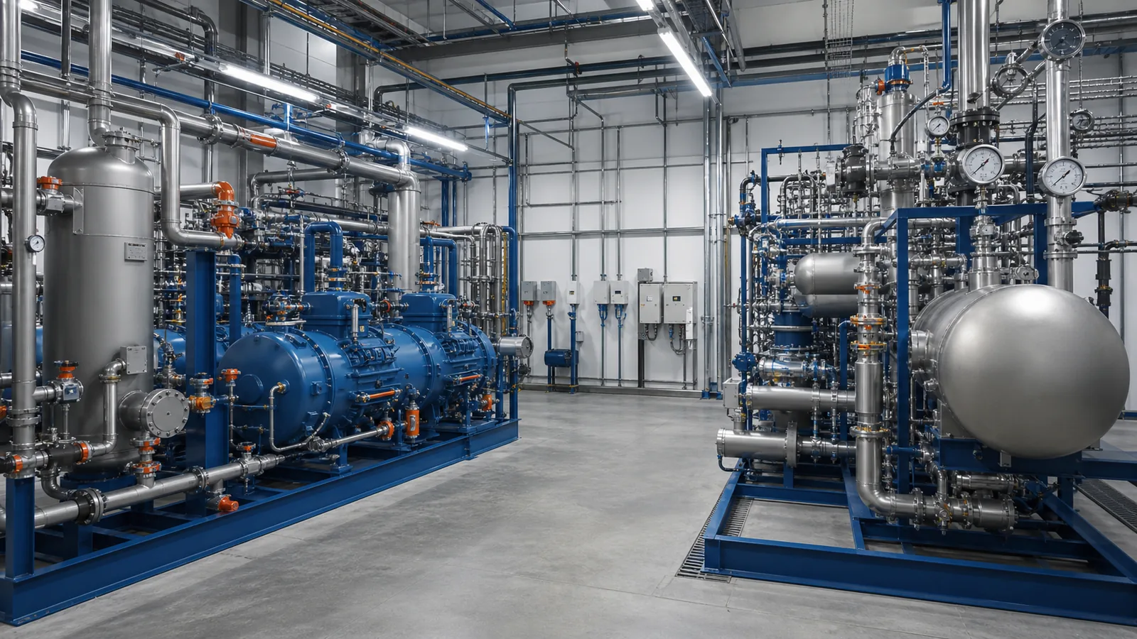Moderner europäischer Industriekälte-Maschinenraum mit technisch sauberer Rohrinstallation