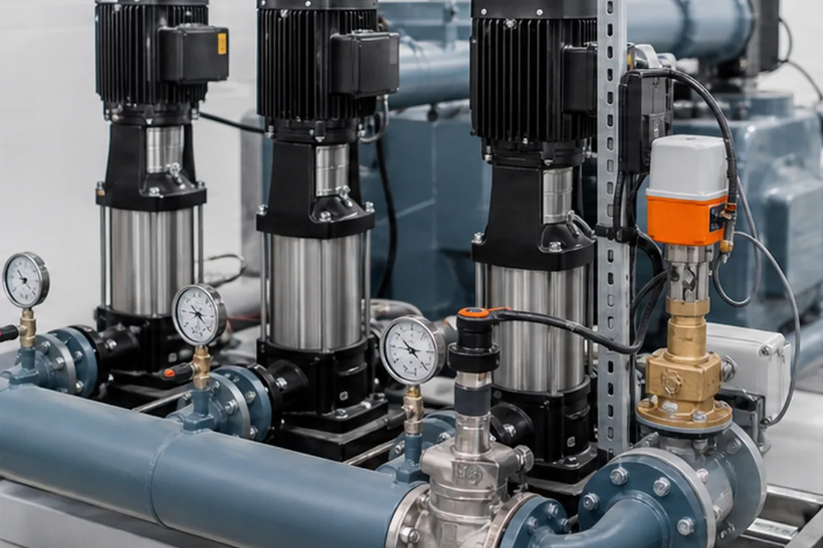 Drehzahlgeregelte Pumpengruppe mit Messgeräten in einem industriellen Kaltwassersystem