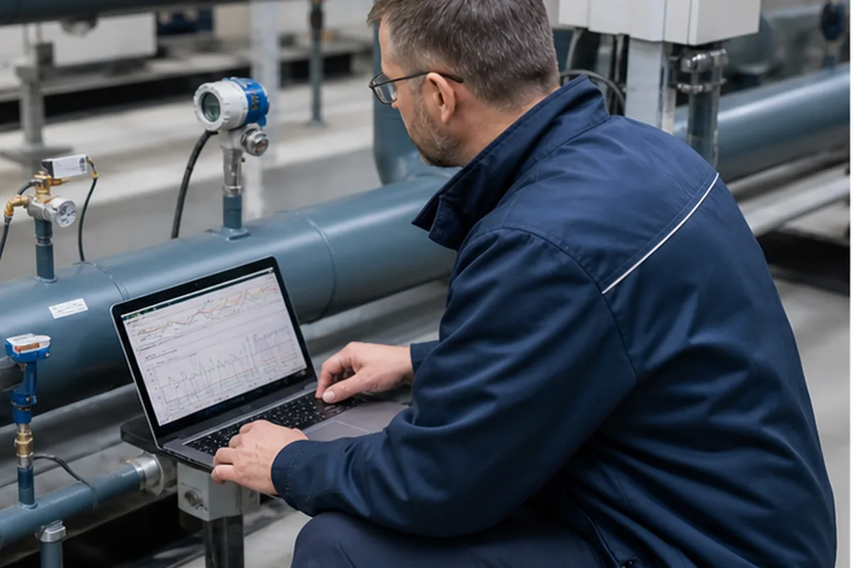 Industriekältetechniker analysiert Trenddaten an einem Kaltwasserverteiler