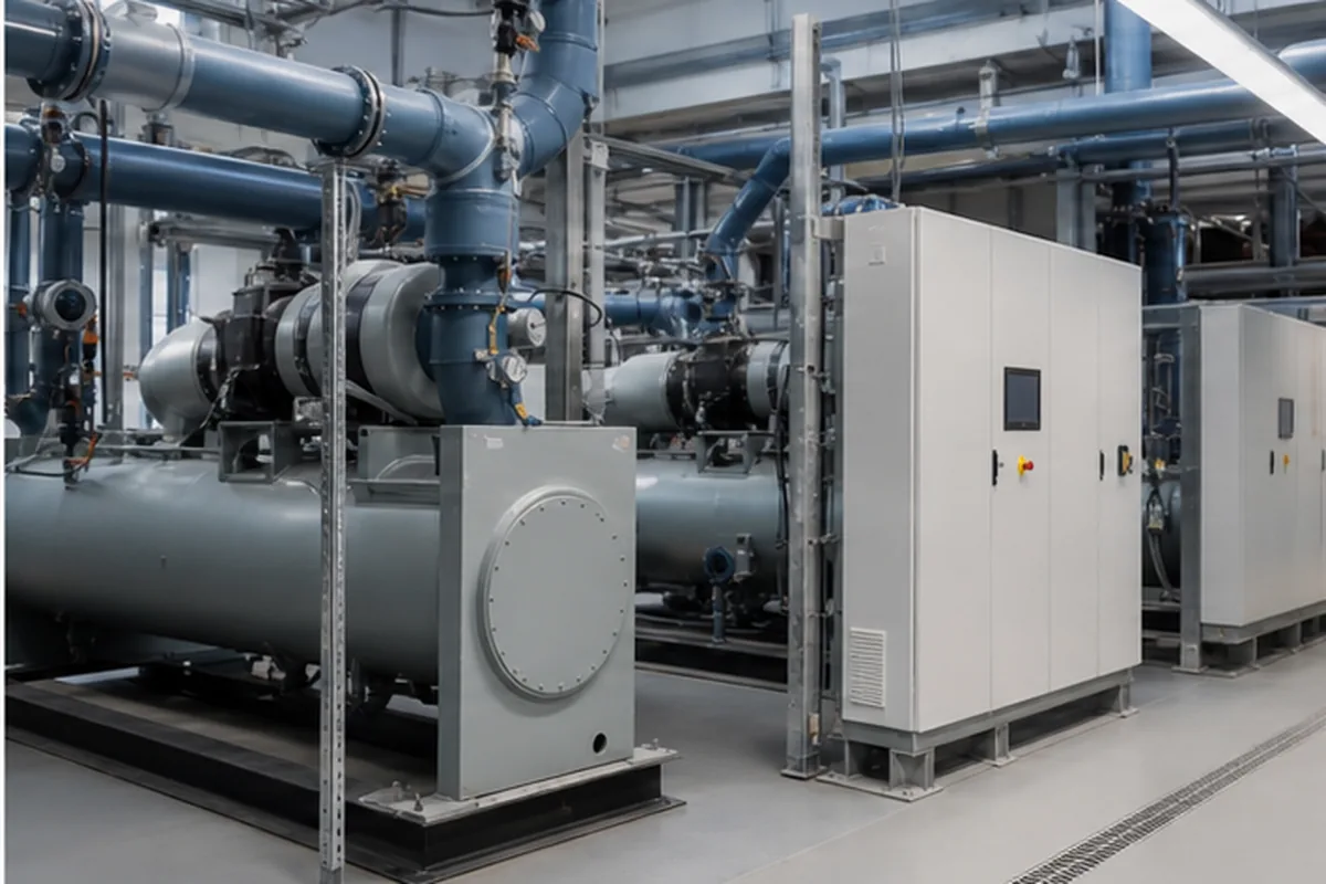 Moderner Technikraum mit Kaltwassersatz, Pumpen und Rohrleitungen für industrielle Prozesskühlung