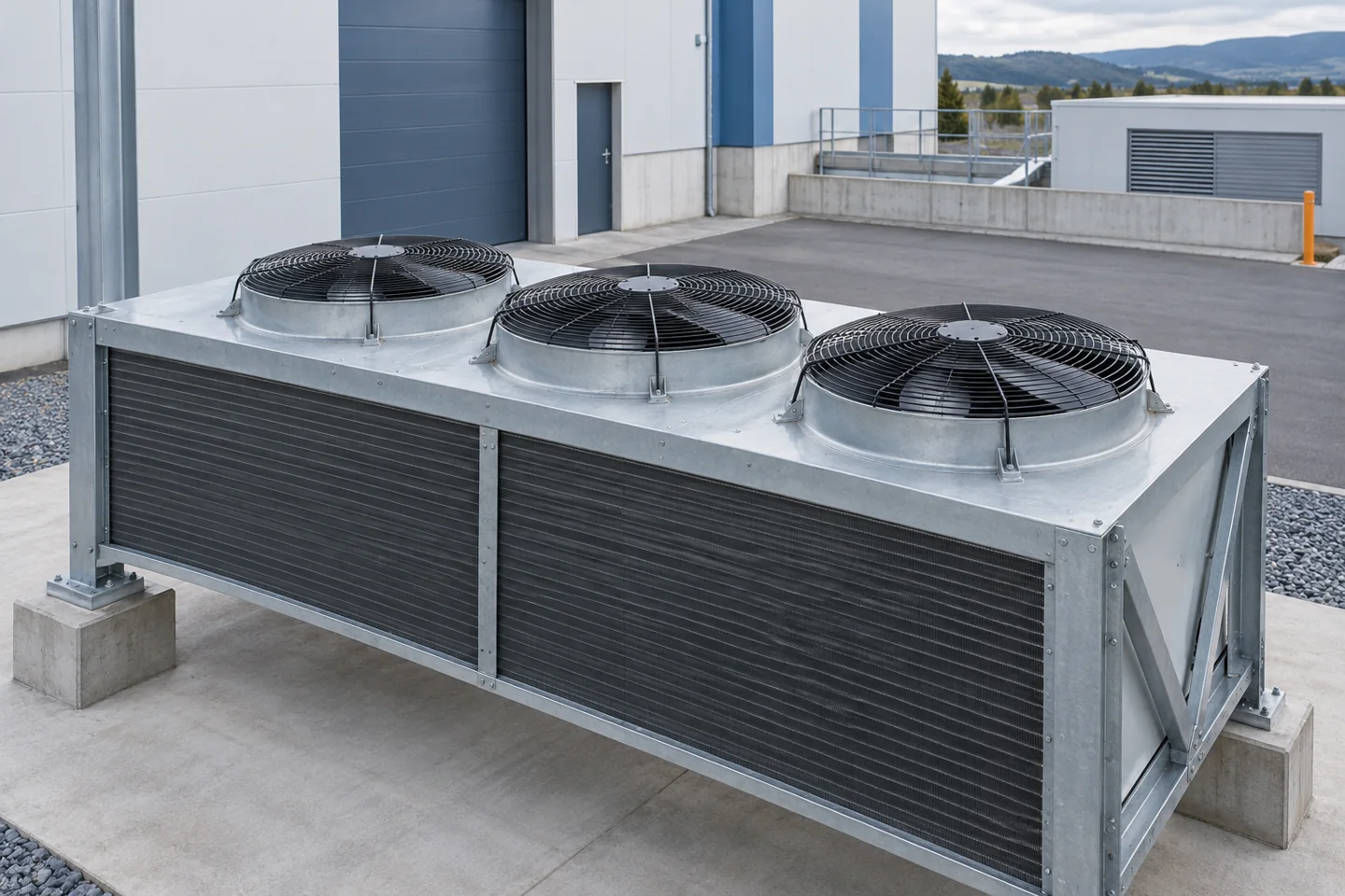 Industrieller Rückkühler mit drei geschützten Axialventilatoren und freien Luftwegen