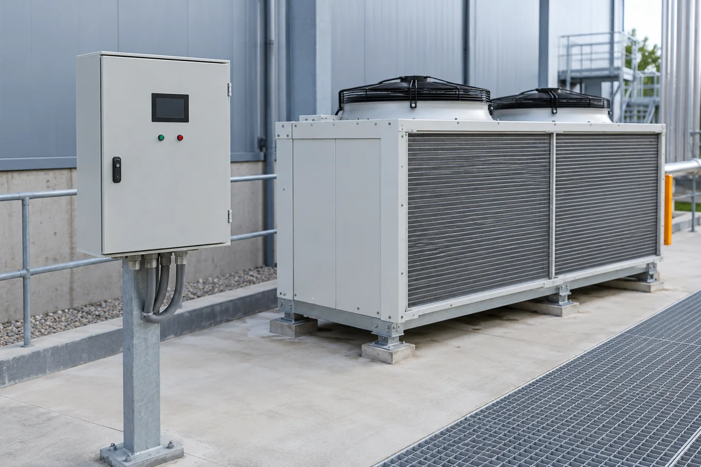 Geschlossener Schaltschrank neben einem Rückkühler mit zwei geschützten Ventilatoren