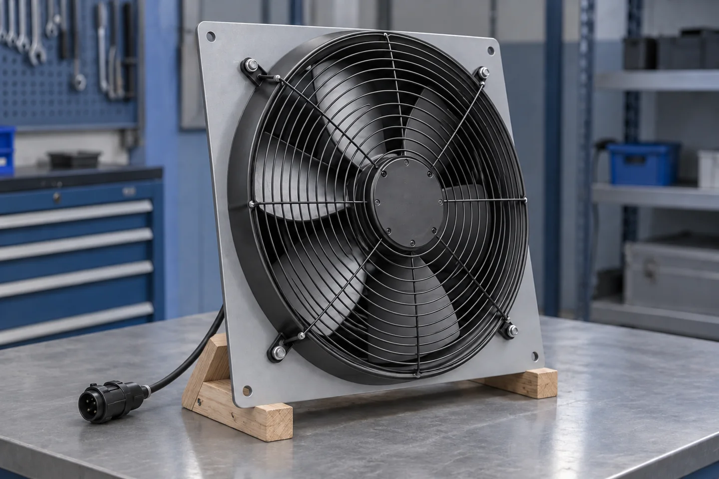 Axialventilator als separates Austauschmodul mit Montageplatte und Schutzgitter auf einer Werkbank