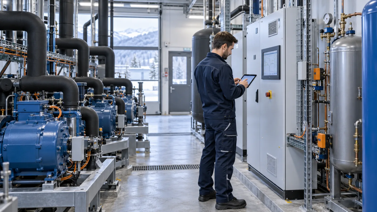 Fachkraft dokumentiert Messwerte an einer gewerblichen Kälteanlage im Technikraum