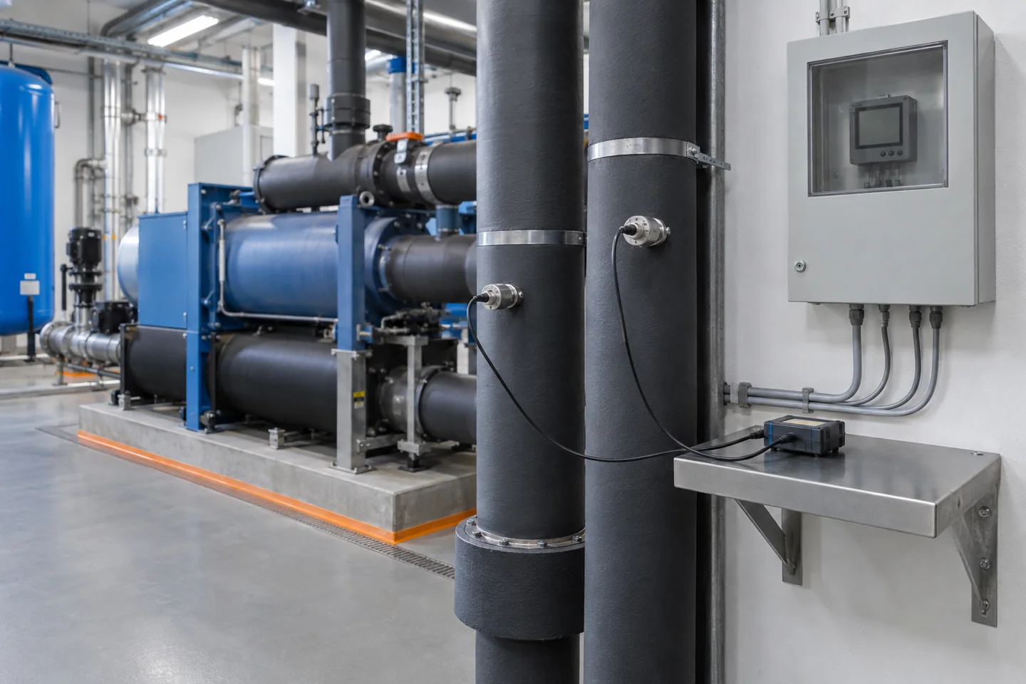 Kälteanlage mit gedämmten Rohrleitungen, zwei Fühlern und einem Datenerfassungsgerät