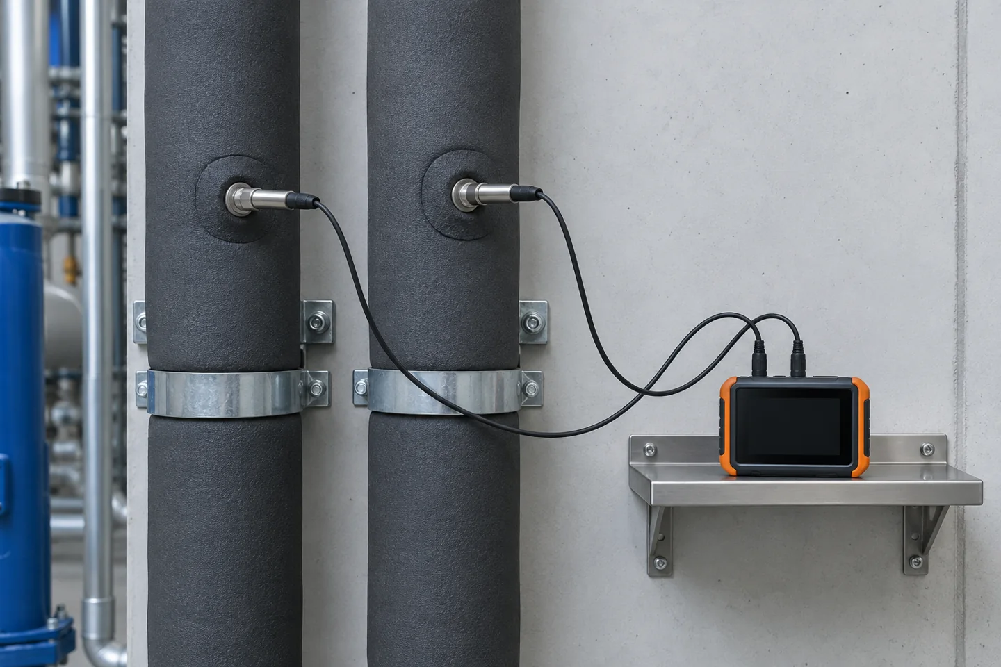 Zwei Temperaturfühler an gedämmten Rohrleitungen mit Kabelverbindung zu einem Datenlogger