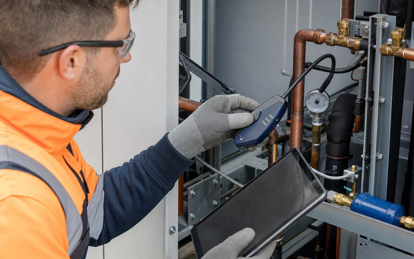 Fachgerechte Lecksuche an Rohrverbindungen einer Kälteanlage mit elektronischem Detektor