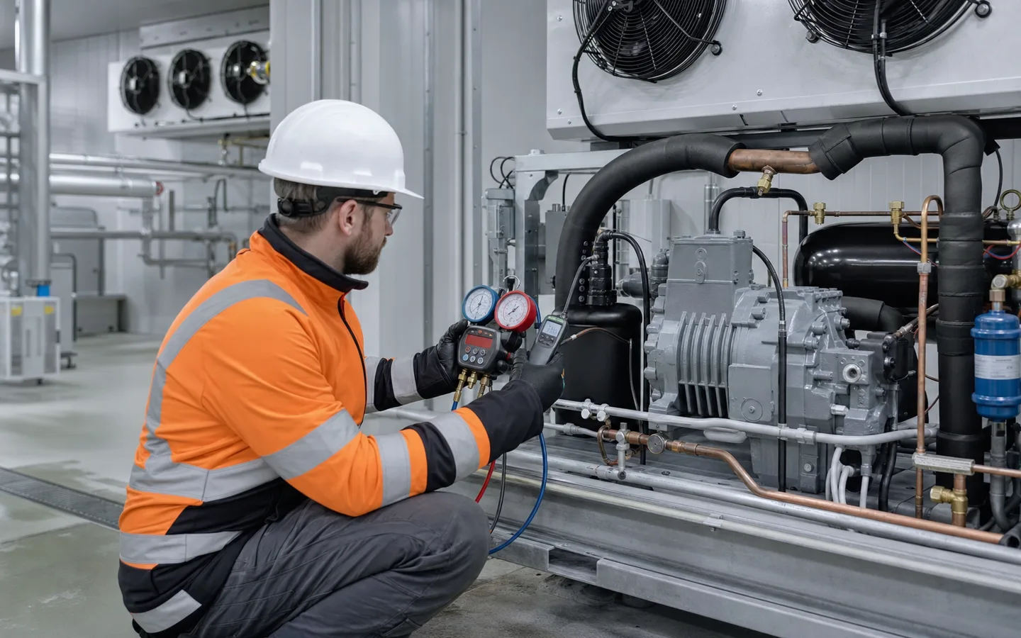 Kältetechniker prüft Drücke und Temperaturen an einer gewerblichen Kälteanlage