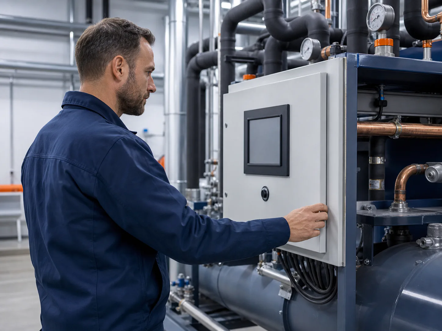 Betriebstechniker steht vor einer gewerblichen Kälteanlage im Technikraum und prüft Temperaturen am Display