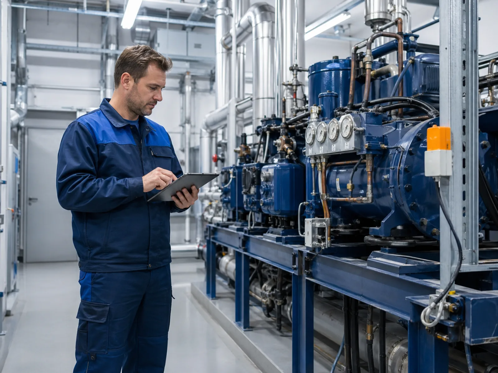 Kältetechniker prüft eine gewerbliche Kälteanlage im Technikraum